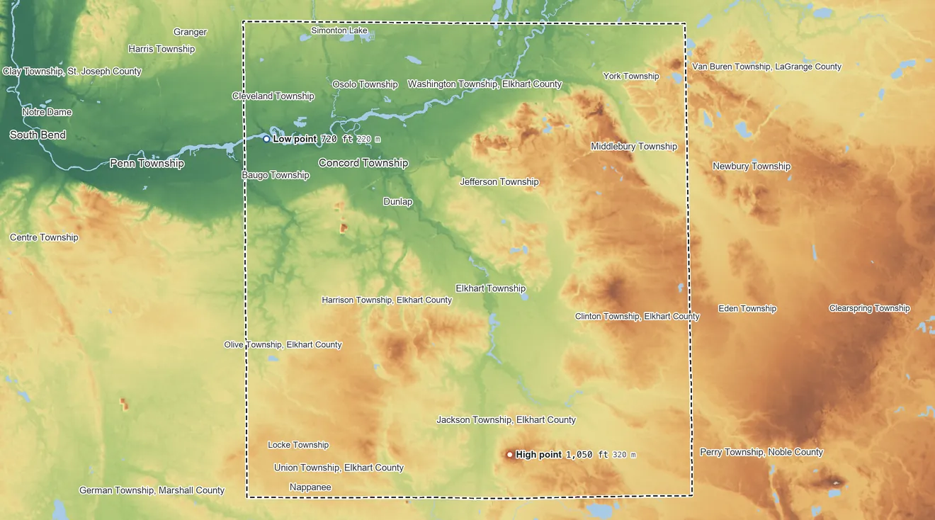 Topographic elevation map of Elkhart County, Indiana, shaded from 720 ft on the northwest side to 1,050 ft on Buzzard Hill