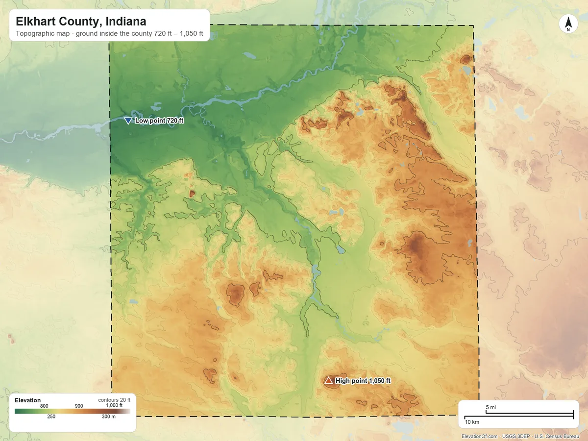 Topographic elevation map of Elkhart County, Indiana, shaded from 720 ft on the northwest side to 1,050 ft on Buzzard Hill