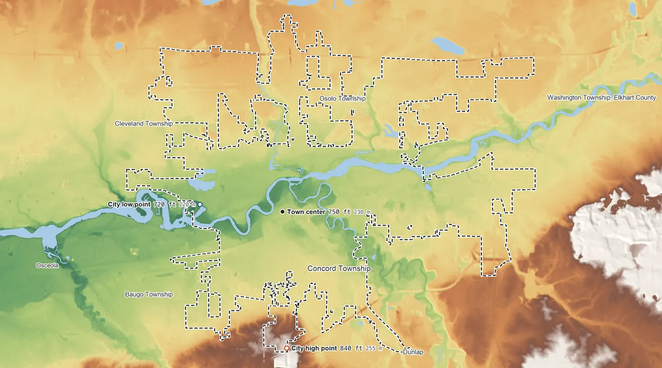 Topographic elevation map of Elkhart, Indiana, shaded from 720 ft on the west side to 840 ft on the south side