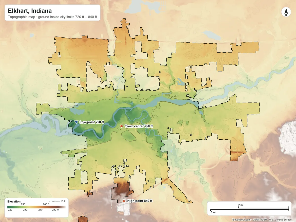 Topographic elevation map of Elkhart, Indiana, shaded from 720 ft on the west side to 840 ft on the south side