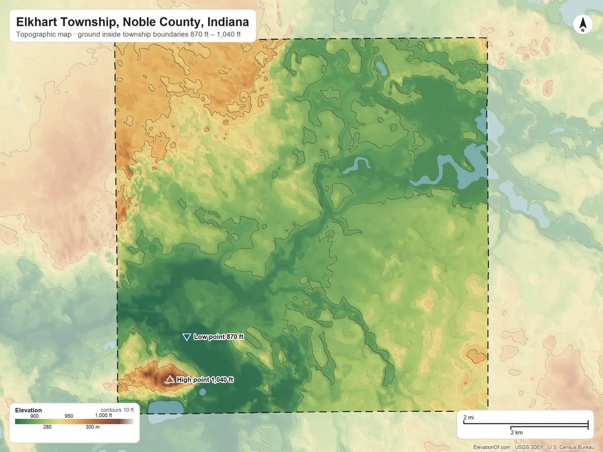 Topographic elevation map of Elkhart Township, Noble County, Indiana, shaded from 870 ft on the southwest side to 1,040 ft on Diamond Hill