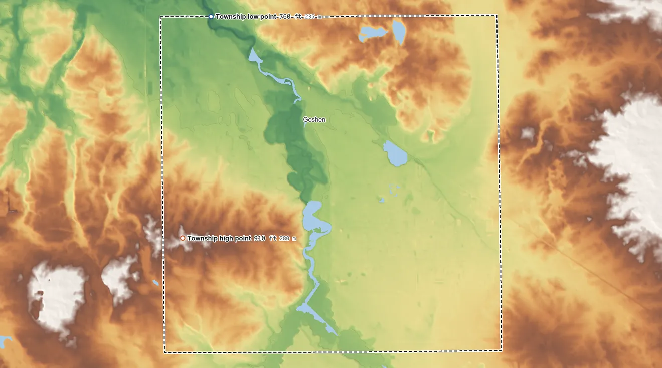 Topographic elevation map of Elkhart Township, Indiana, shaded from 760 ft on the northwest side to 910 ft on the southwest side