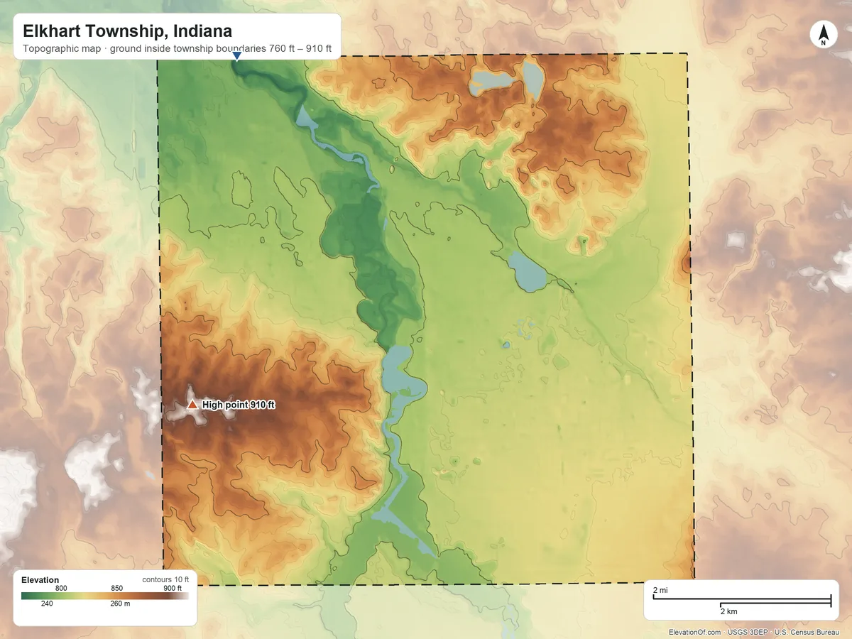 Topographic elevation map of Elkhart Township, Indiana, shaded from 760 ft on the northwest side to 910 ft on the southwest side