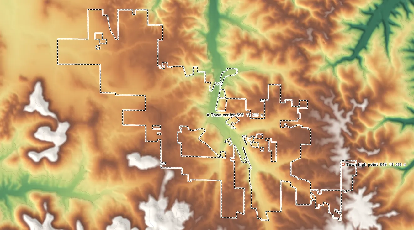 Topographic elevation map of Ellettsville, Indiana, shaded from 640 ft on the north side to 840 ft on the east side
