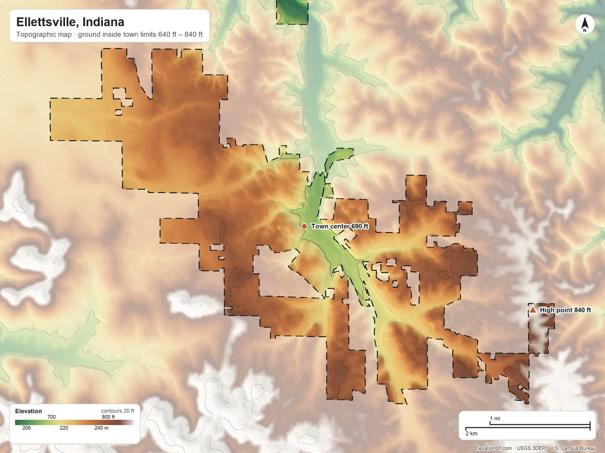 Topographic elevation map of Ellettsville, Indiana, shaded from 640 ft on the north side to 840 ft on the east side