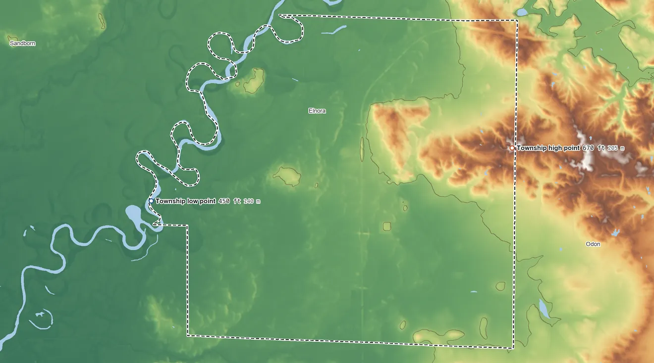 Topographic elevation map of Elmore Township, Indiana, shaded from 450 ft on the west side to 670 ft on the east side