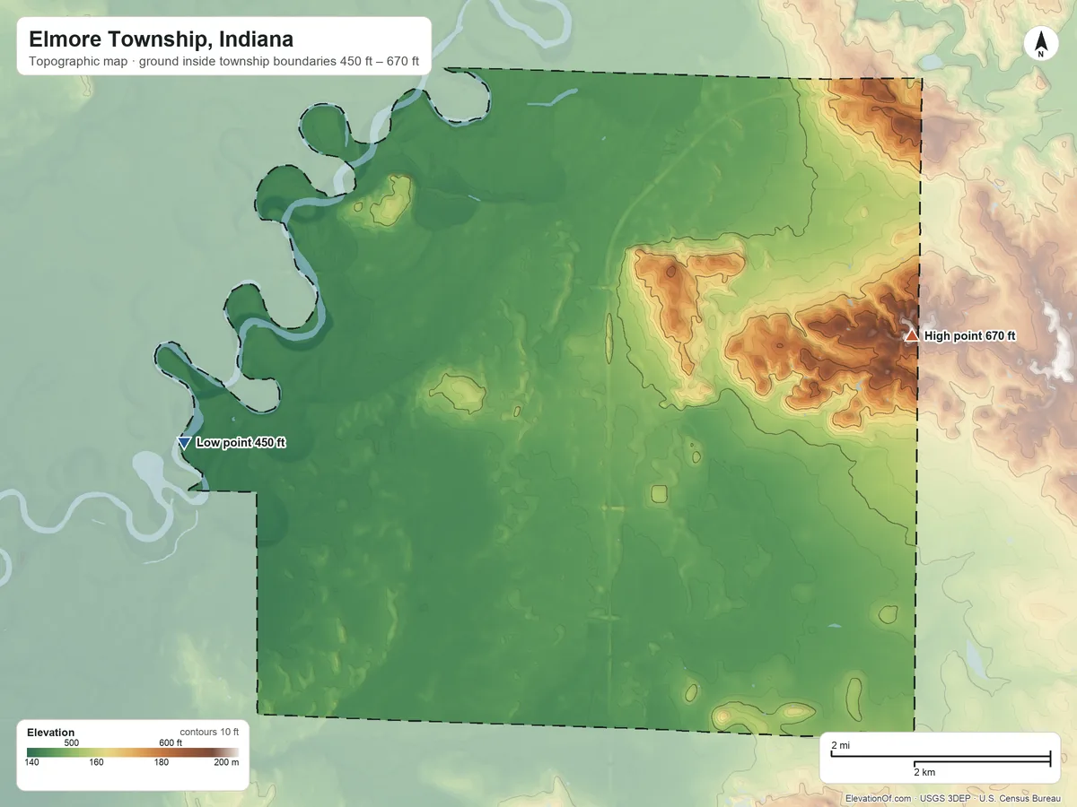 Topographic elevation map of Elmore Township, Indiana, shaded from 450 ft on the west side to 670 ft on the east side