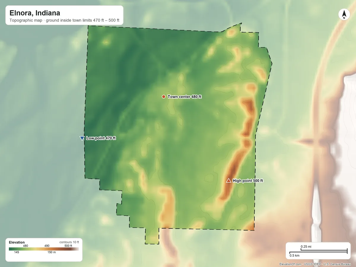Topographic elevation map of Elnora, Indiana, shaded from 470 ft on the southwest side to 500 ft on the southeast side