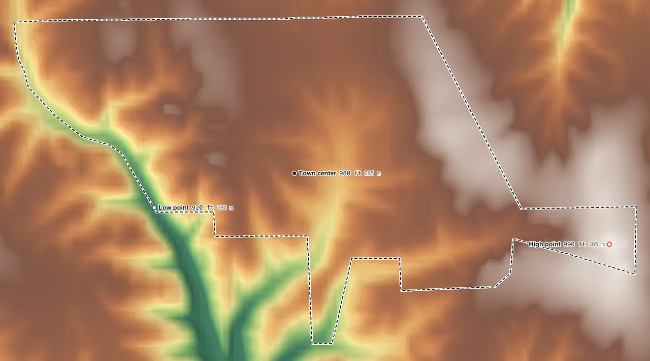 Topographic elevation map of Elrod, Indiana, shaded from 920 ft on the west side to 990 ft on the east side