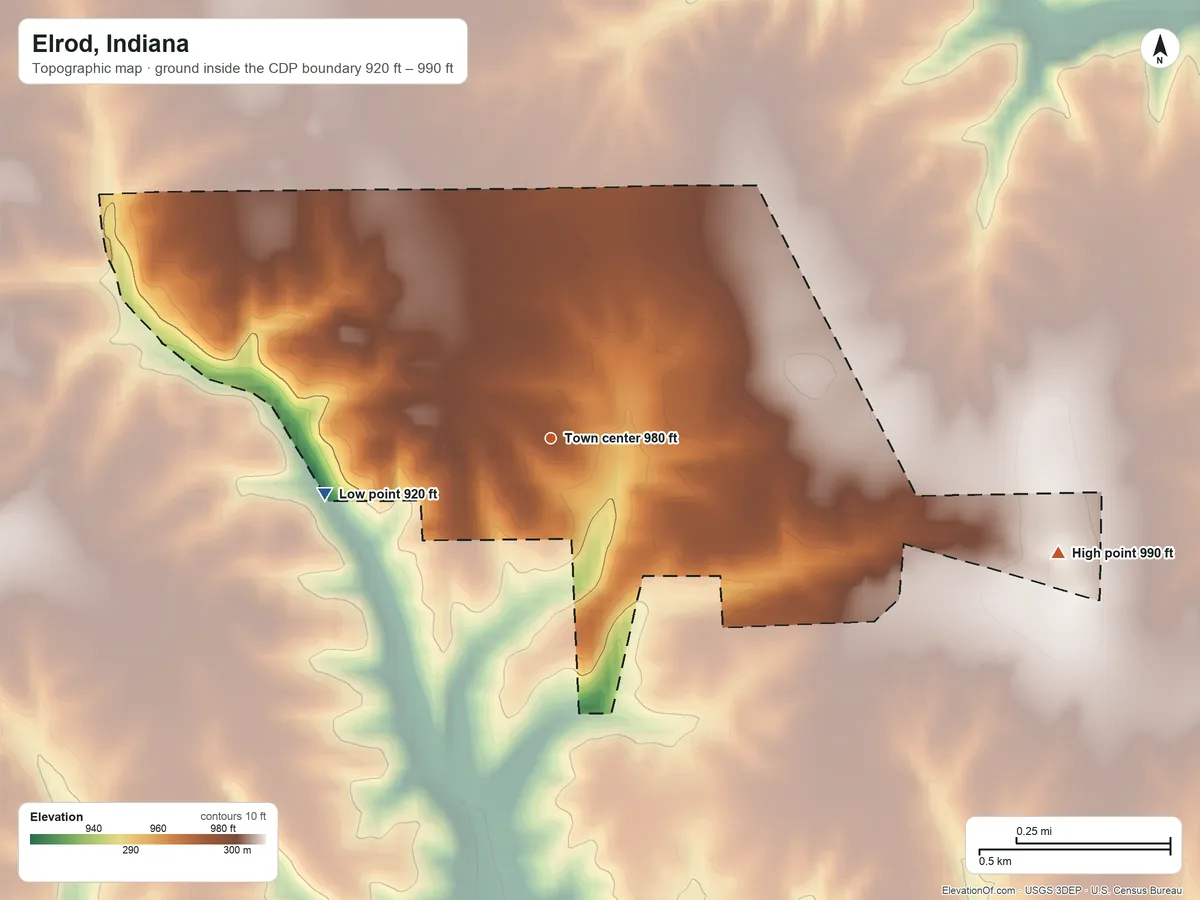 Topographic elevation map of Elrod, Indiana, shaded from 920 ft on the west side to 990 ft on the east side