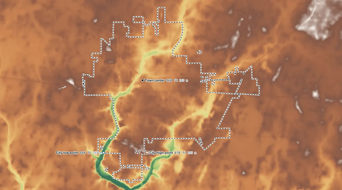 Topographic elevation map of Elwood, Indiana, shaded from 840 ft on the southwest side to 870 ft on the south side