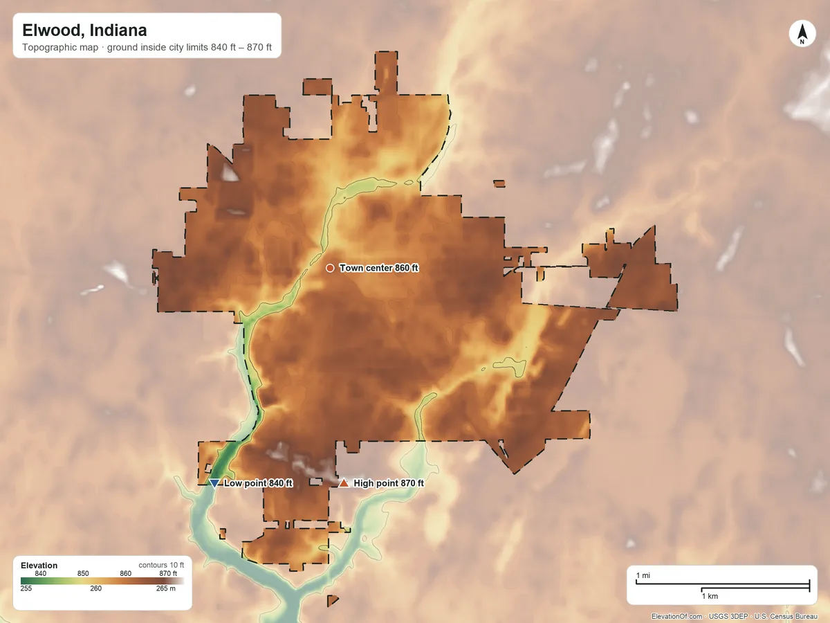Topographic elevation map of Elwood, Indiana, shaded from 840 ft on the southwest side to 870 ft on the south side