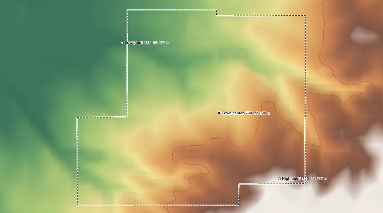 Topographic elevation map of Eminence, Indiana, shaded from 760 ft on the northwest side to 820 ft on the southeast side