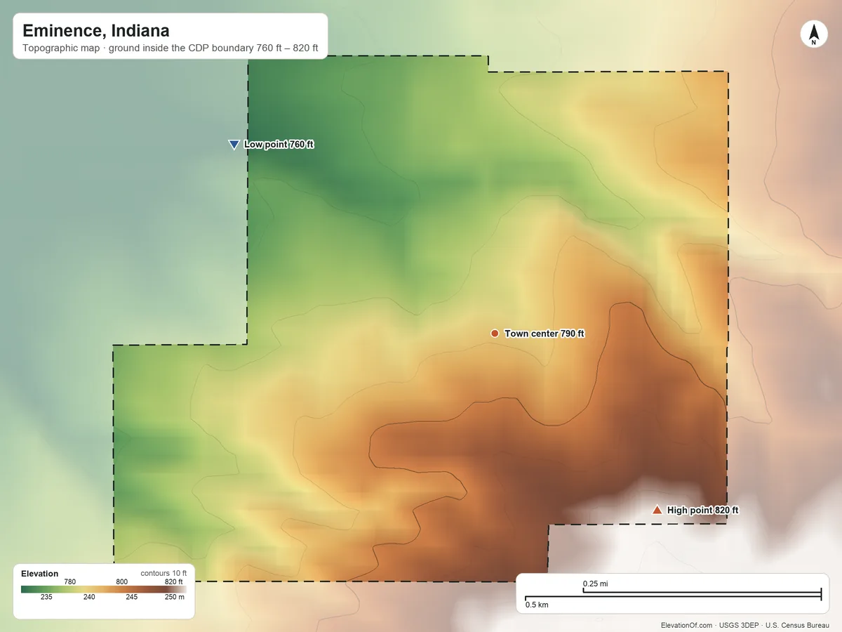 Topographic elevation map of Eminence, Indiana, shaded from 760 ft on the northwest side to 820 ft on the southeast side