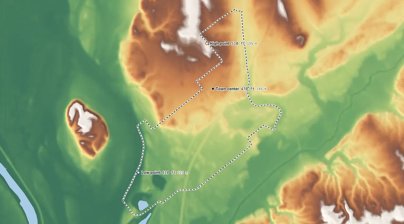 Topographic elevation map of Emison, Indiana, shaded from 410 ft on the southwest side to 510 ft on the north side