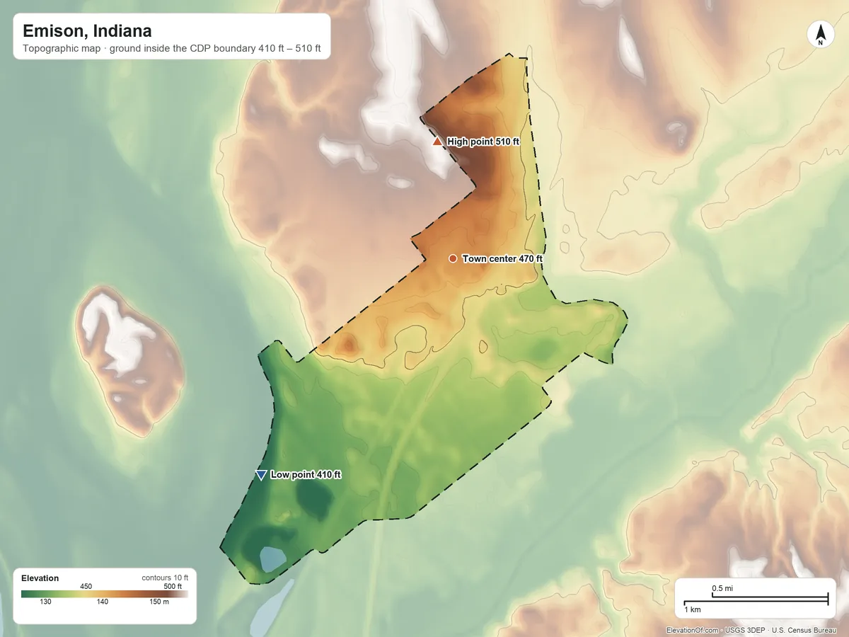 Topographic elevation map of Emison, Indiana, shaded from 410 ft on the southwest side to 510 ft on the north side