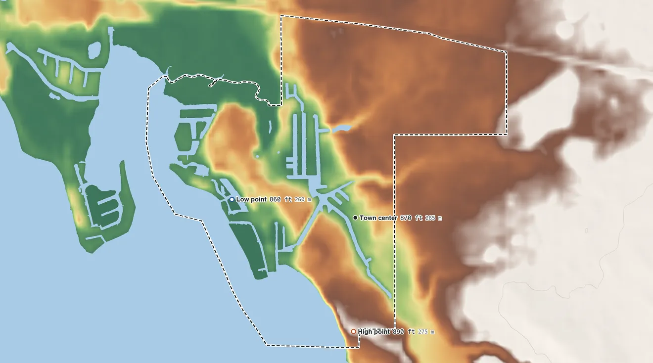 Topographic elevation map of Enchanted Hills, Indiana, shaded from 860 ft on the west side to 890 ft on the south side