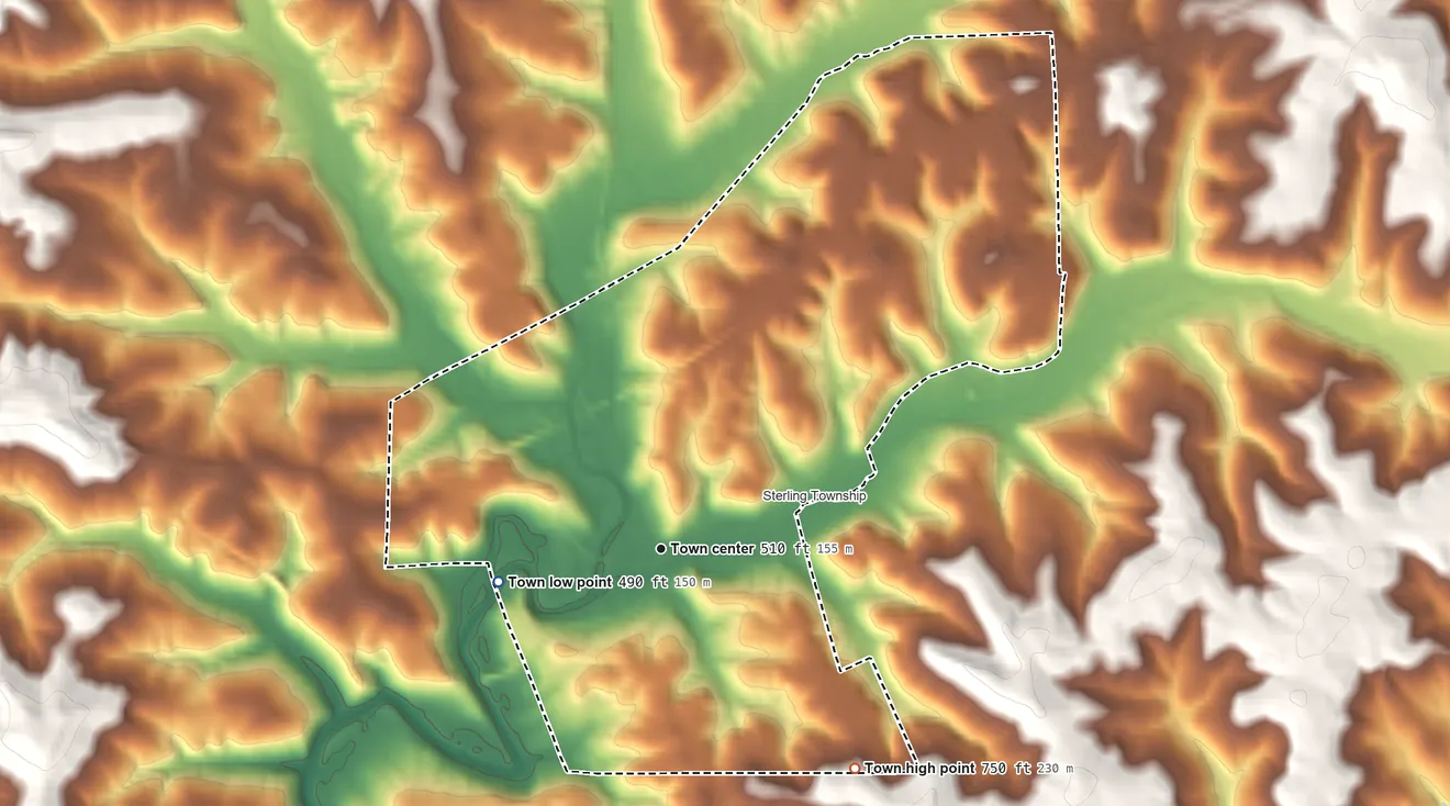 Topographic elevation map of English, Indiana, shaded from 490 ft on the west side to 750 ft on the southeast side