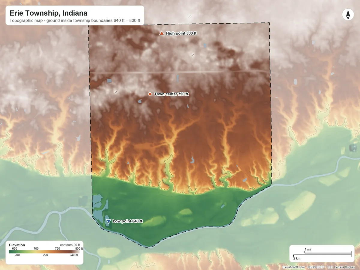 Topographic elevation map of Erie Township, Indiana, shaded from 640 ft on the south side to 800 ft on the north side