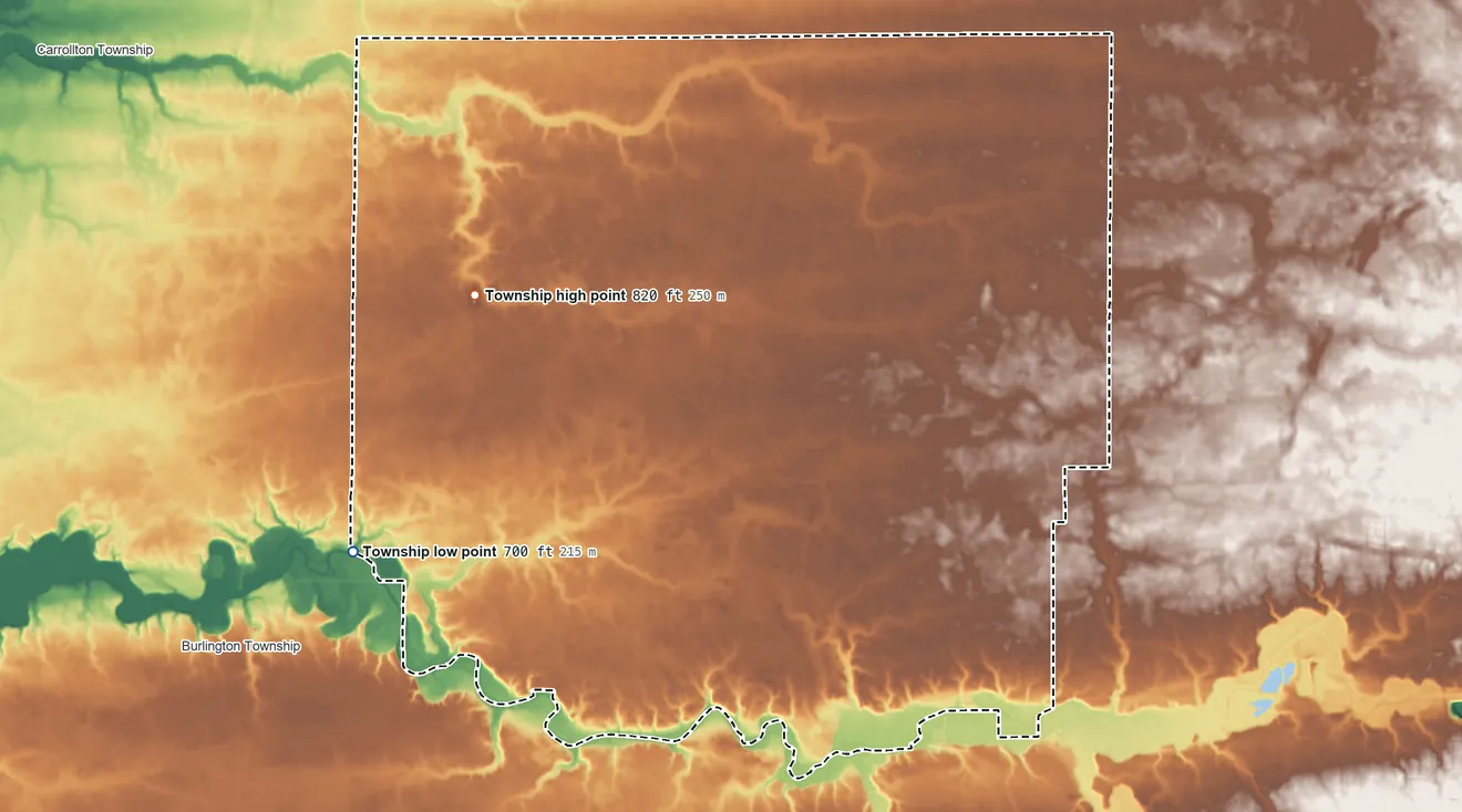 Topographic elevation map of Ervin Township, Indiana, shaded from 700 ft on the west side to 820 ft on the northwest side
