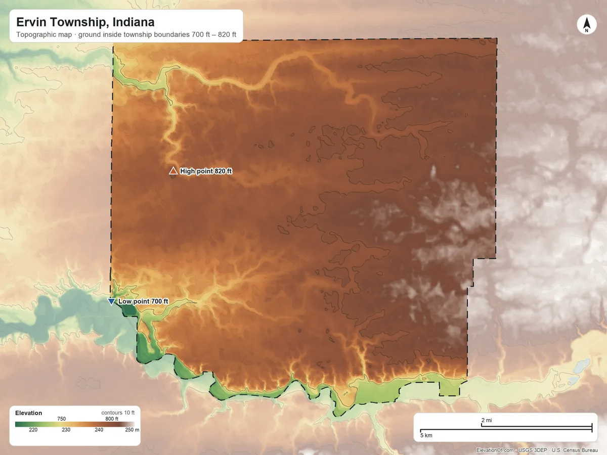 Topographic elevation map of Ervin Township, Indiana, shaded from 700 ft on the west side to 820 ft on the northwest side