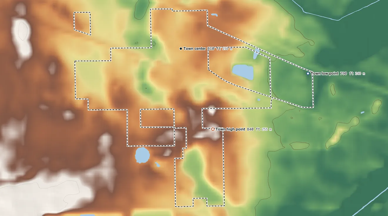 Topographic elevation map of Etna Green, Indiana, shaded from 790 ft on the east side to 840 ft on the south side