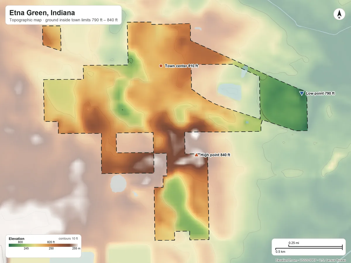 Topographic elevation map of Etna Green, Indiana, shaded from 790 ft on the east side to 840 ft on the south side