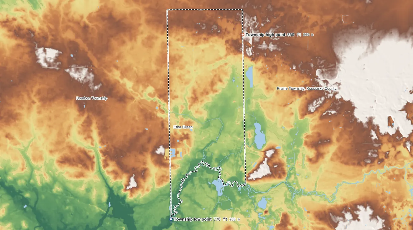 Topographic elevation map of Etna Township, Indiana, shaded from 770 ft on the south side to 860 ft on the northeast side