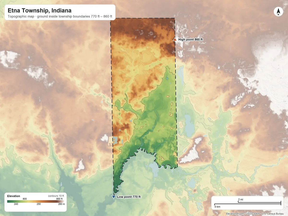 Topographic elevation map of Etna Township, Indiana, shaded from 770 ft on the south side to 860 ft on the northeast side