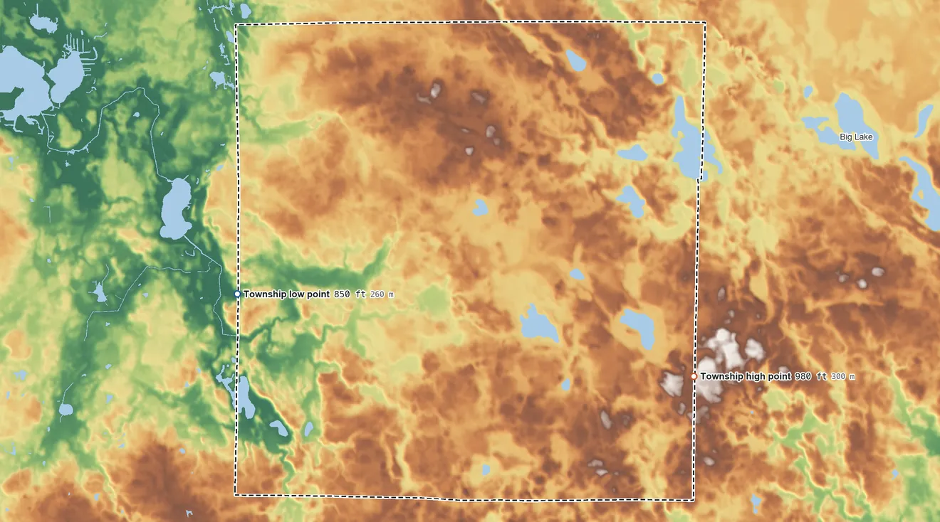 Topographic elevation map of Etna-Troy Township, Indiana, shaded from 850 ft on the west side to 980 ft on the southeast side