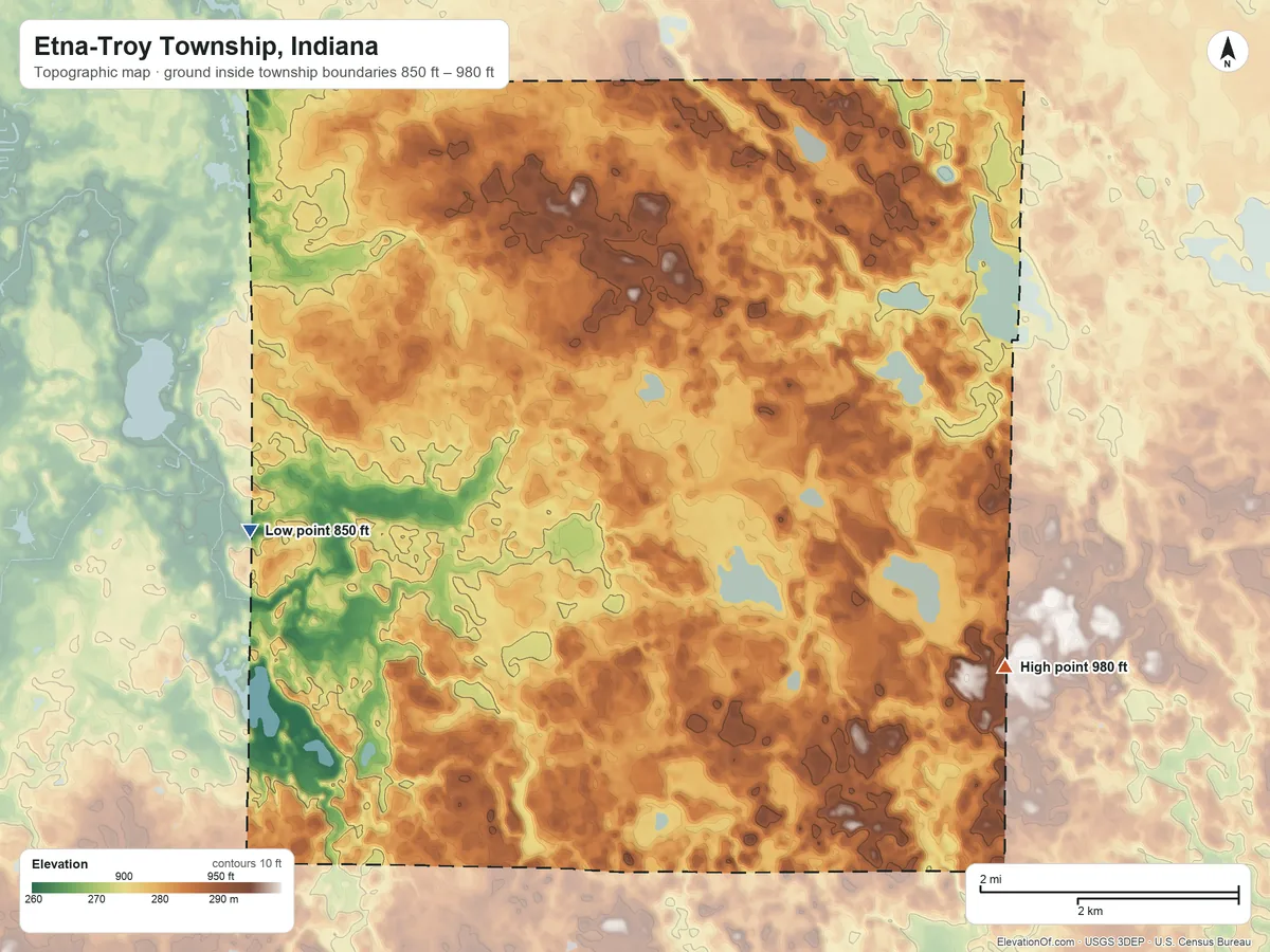 Topographic elevation map of Etna-Troy Township, Indiana, shaded from 850 ft on the west side to 980 ft on the southeast side