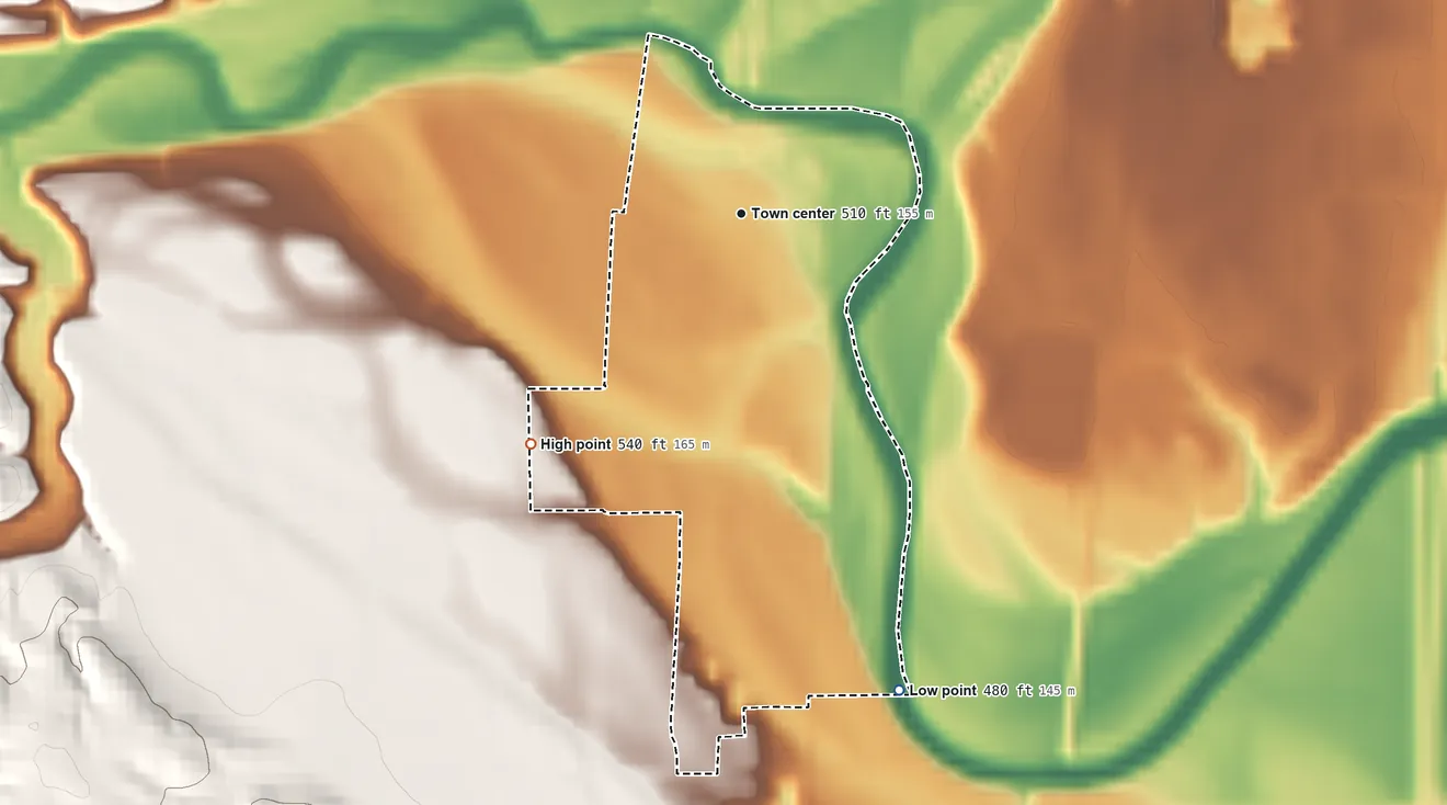 Topographic elevation map of Eugene, Indiana, shaded from 480 ft on the south side to 540 ft on the southwest side