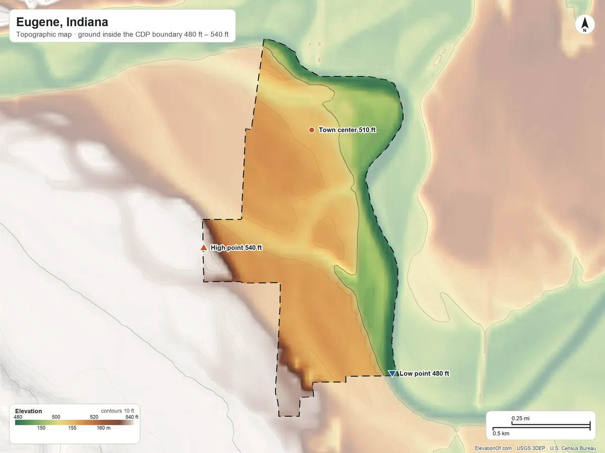 Topographic elevation map of Eugene, Indiana, shaded from 480 ft on the south side to 540 ft on the southwest side