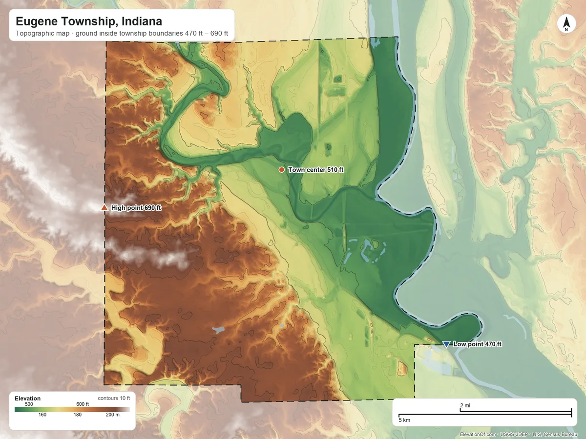 Topographic elevation map of Eugene Township, Indiana, shaded from 470 ft on the southeast side to 690 ft on the west side