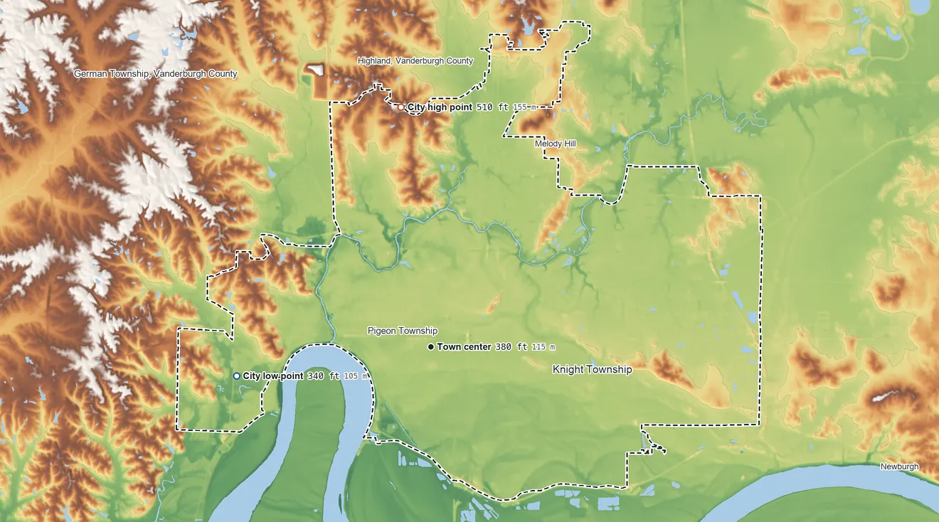 Topographic elevation map of Evansville, Indiana, shaded from 340 ft on the west side to 510 ft on the north side