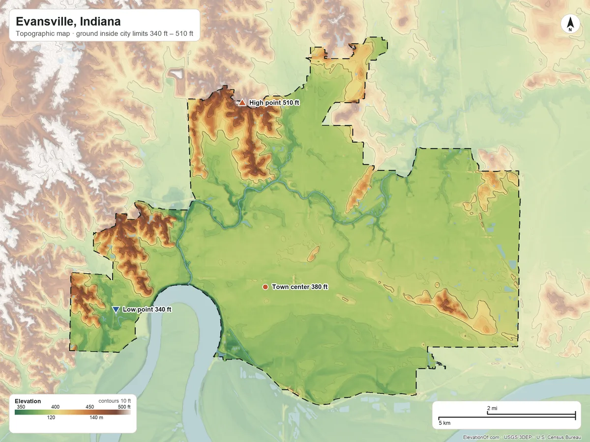 Topographic elevation map of Evansville, Indiana, shaded from 340 ft on the west side to 510 ft on the north side