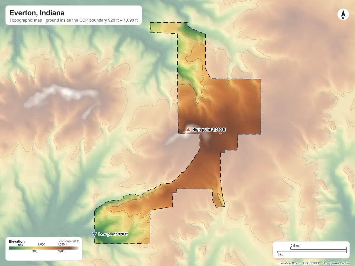 Topographic elevation map of Everton, Indiana, shaded from 920 ft on the southwest side to 1,090 ft on the west side