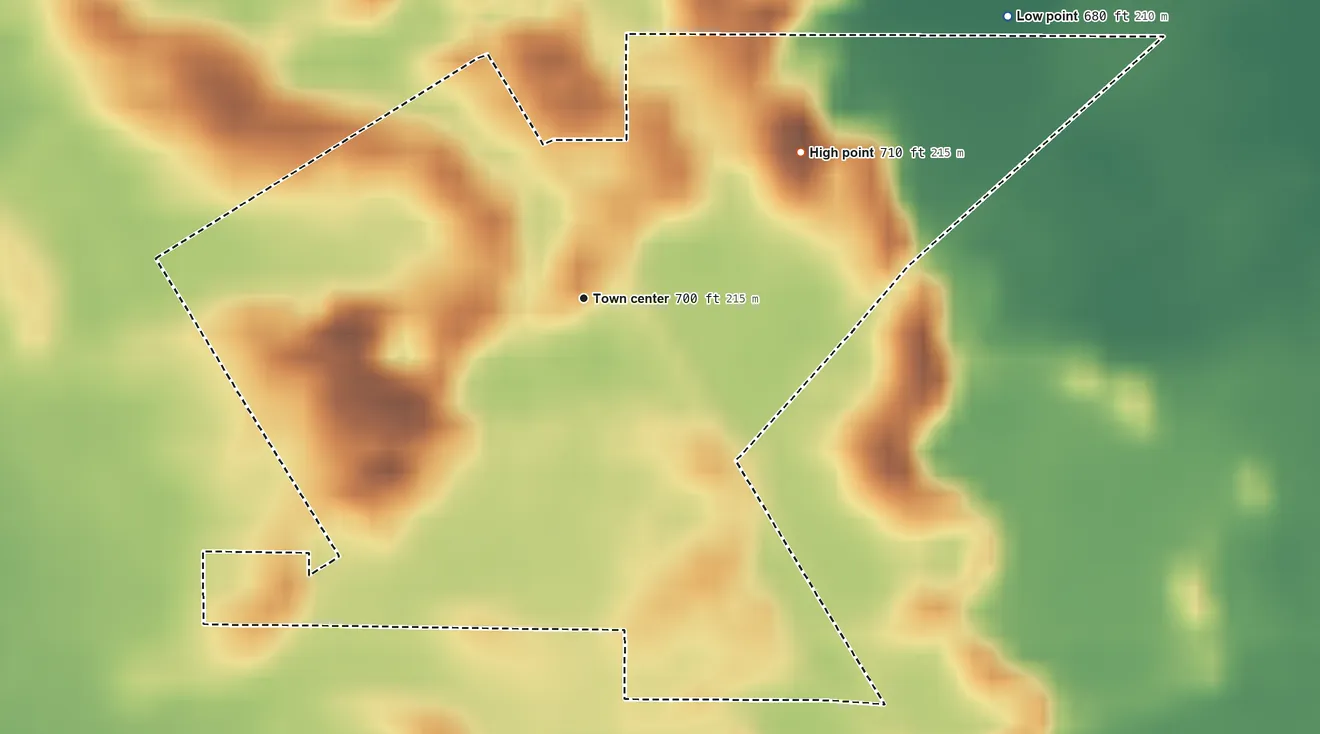Topographic elevation map of Fair Oaks, Indiana, shaded from 680 ft on the northeast side to 710 ft on the northeast side