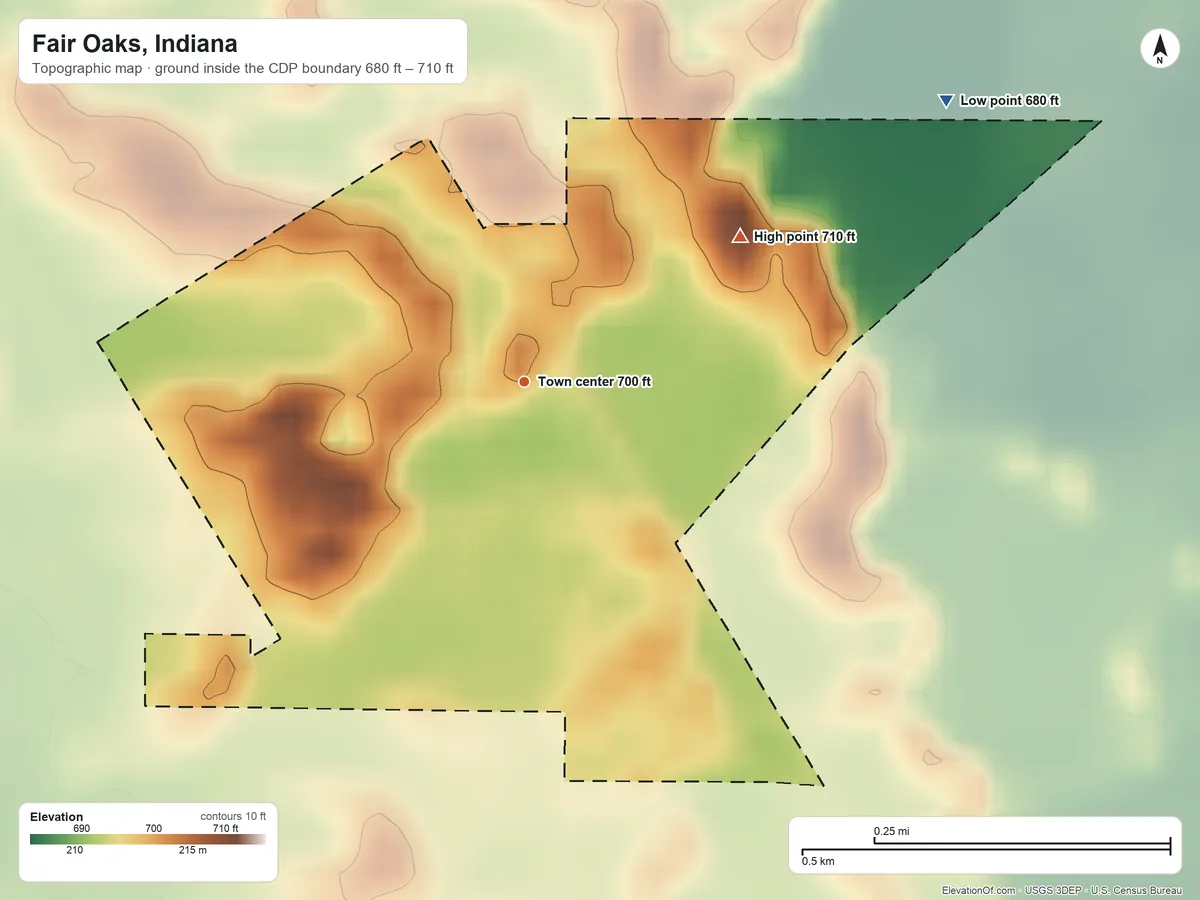Topographic elevation map of Fair Oaks, Indiana, shaded from 680 ft on the northeast side to 710 ft on the northeast side