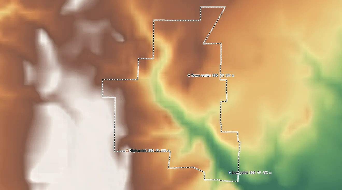 Topographic elevation map of Fairbanks, Indiana, shaded from 520 ft on the southeast side to 560 ft on the southwest side