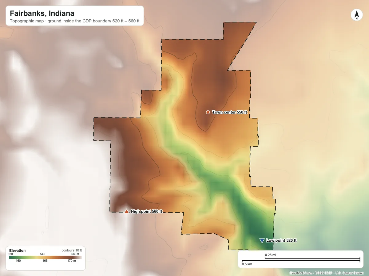 Topographic elevation map of Fairbanks, Indiana, shaded from 520 ft on the southeast side to 560 ft on the southwest side