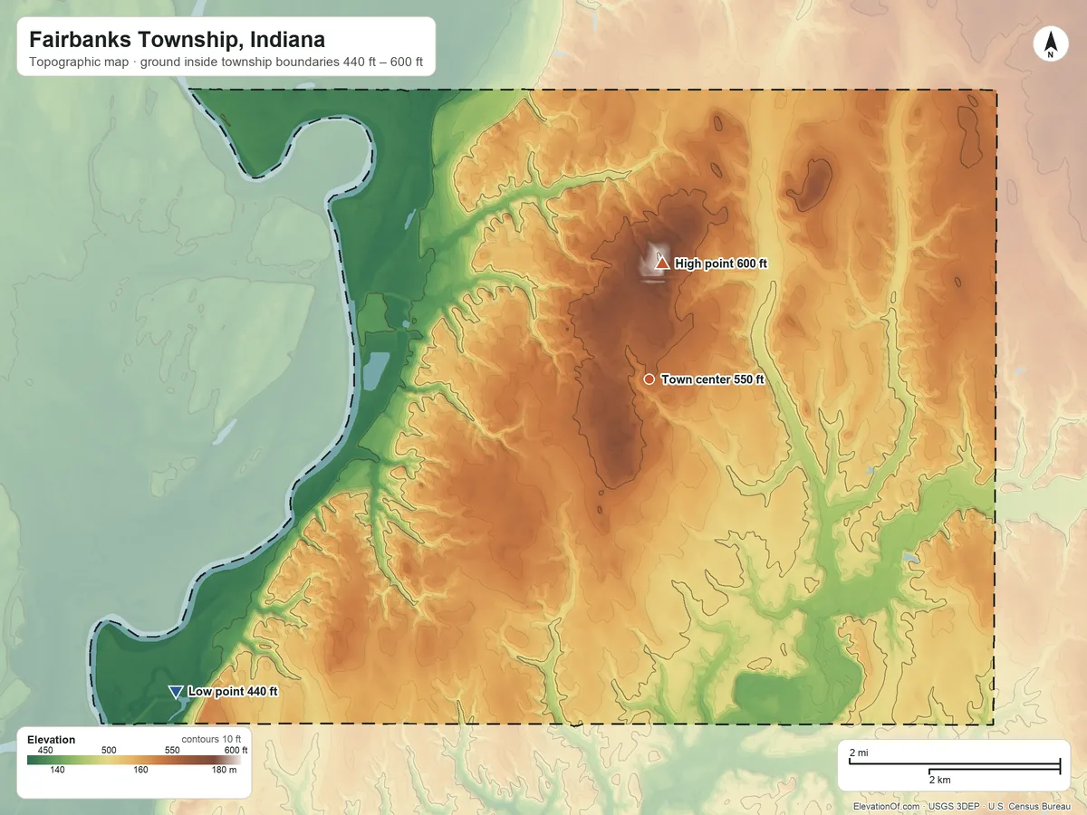 Topographic elevation map of Fairbanks Township, Indiana, shaded from 440 ft on the southwest side to 600 ft on the north side