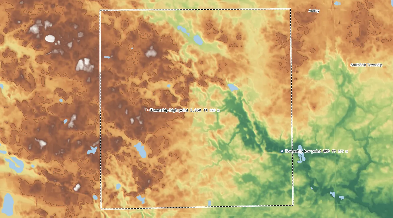 Topographic elevation map of Fairfield Township, DeKalb County, Indiana, shaded from 900 ft on the southeast side to 1,060 ft on the west side