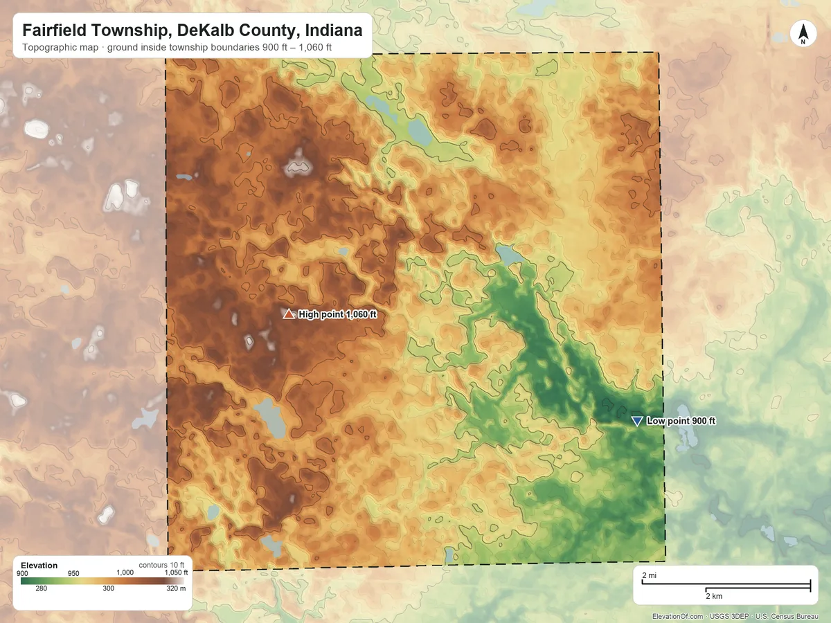 Topographic elevation map of Fairfield Township, DeKalb County, Indiana, shaded from 900 ft on the southeast side to 1,060 ft on the west side