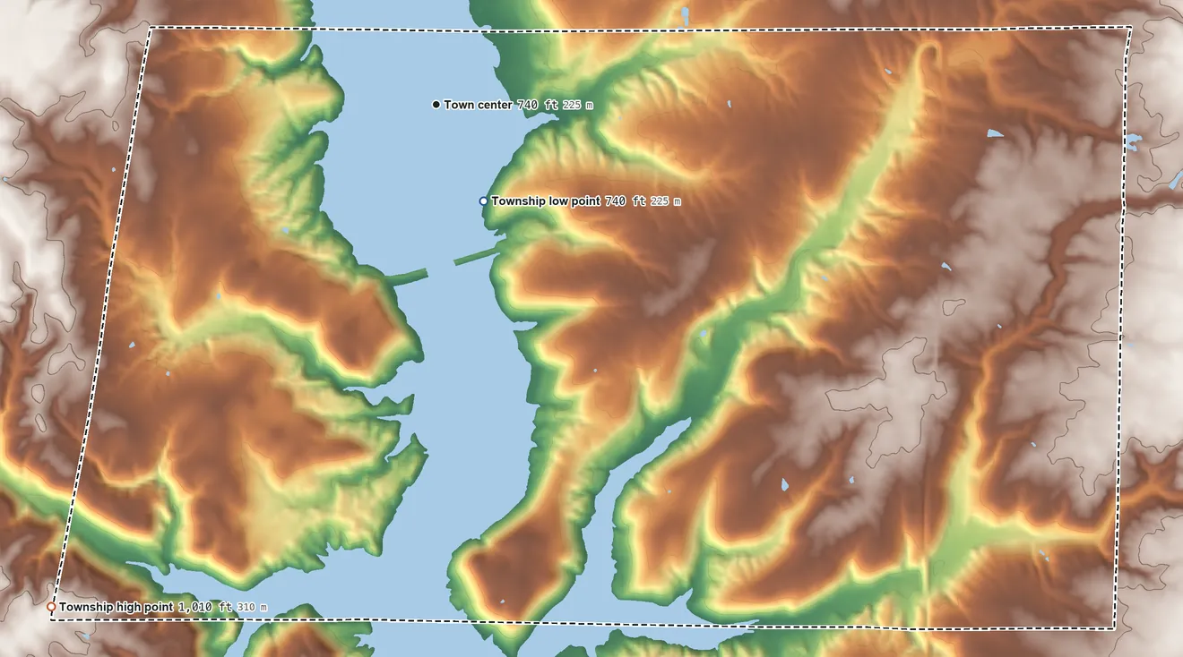 Topographic elevation map of Fairfield Township, Franklin County, Indiana, shaded from 740 ft near the middle to 1,010 ft on the southwest side
