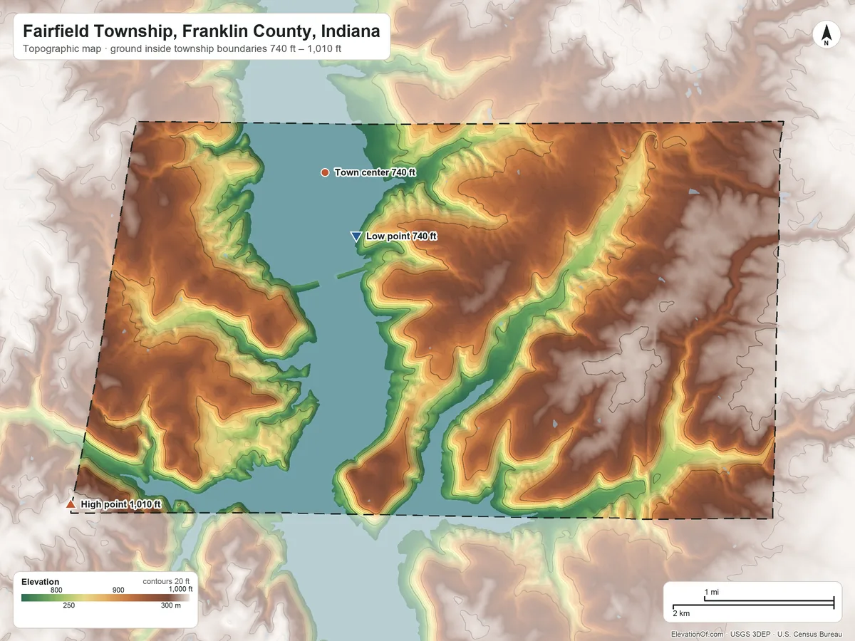 Topographic elevation map of Fairfield Township, Franklin County, Indiana, shaded from 740 ft near the middle to 1,010 ft on the southwest side