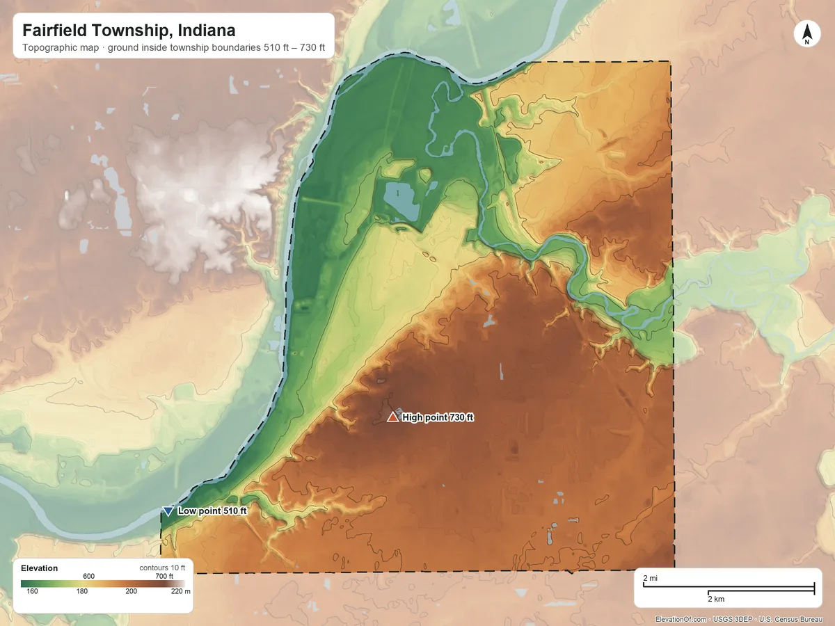 Topographic elevation map of Fairfield Township, Indiana, shaded from 510 ft on the southwest side to 730 ft near the middle