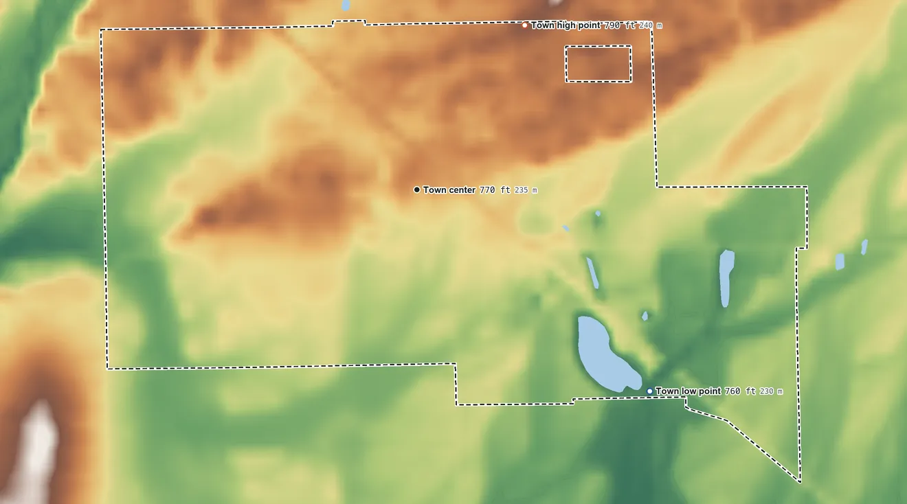Topographic elevation map of Fairland, Indiana, shaded from 760 ft on the southeast side to 790 ft on the northeast side