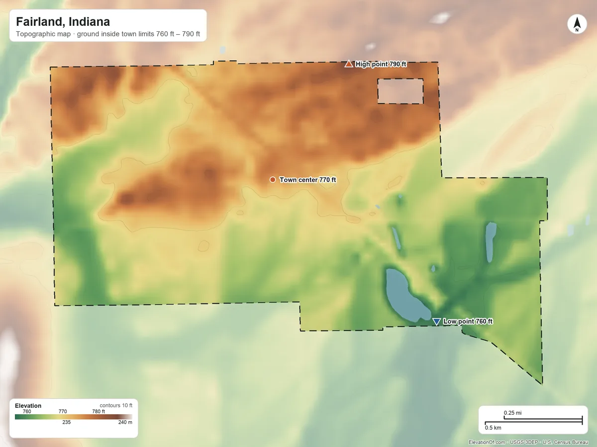 Topographic elevation map of Fairland, Indiana, shaded from 760 ft on the southeast side to 790 ft on the northeast side
