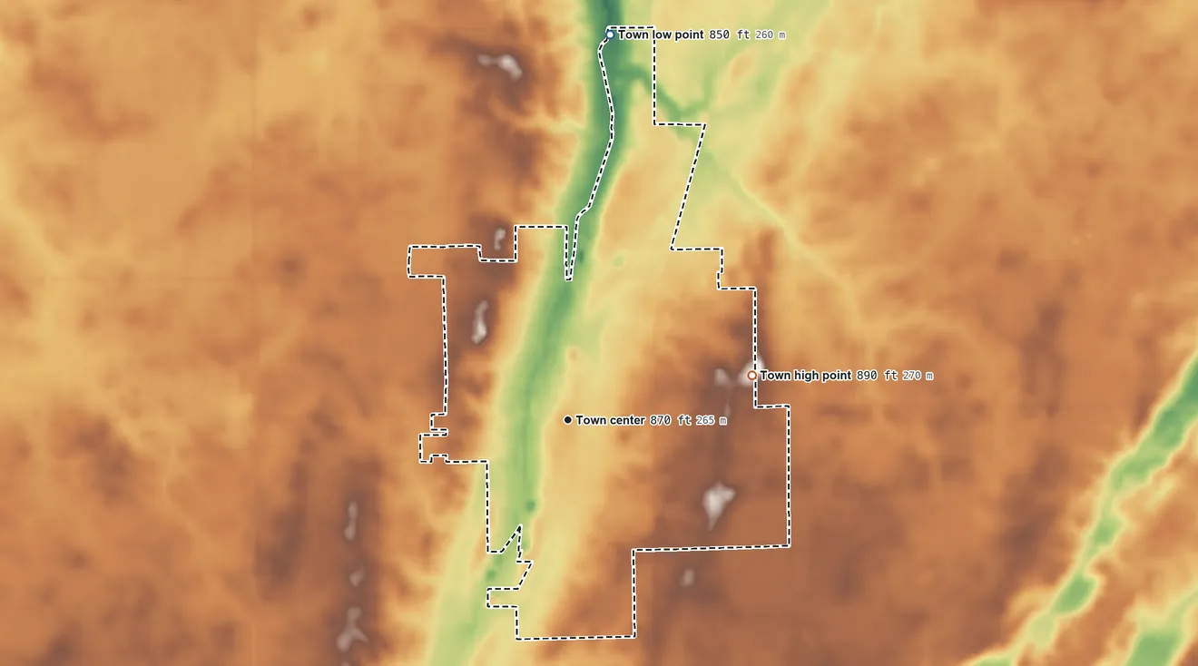 Topographic elevation map of Fairmount, Indiana, shaded from 850 ft on the north side to 890 ft on the east side